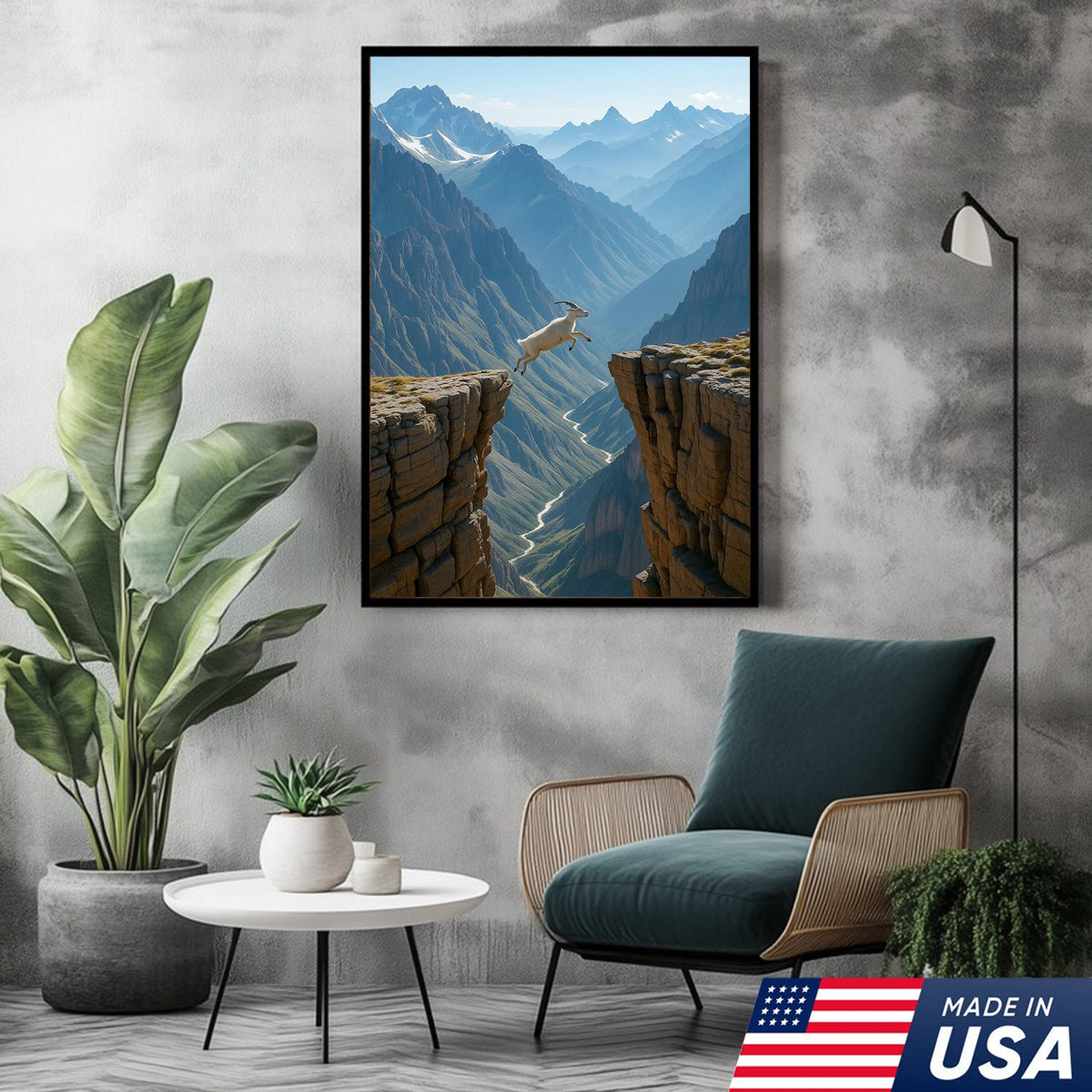Mountain Goat Cliff Jump Canvas Wall Art, Alpine Canyon Landscape Print