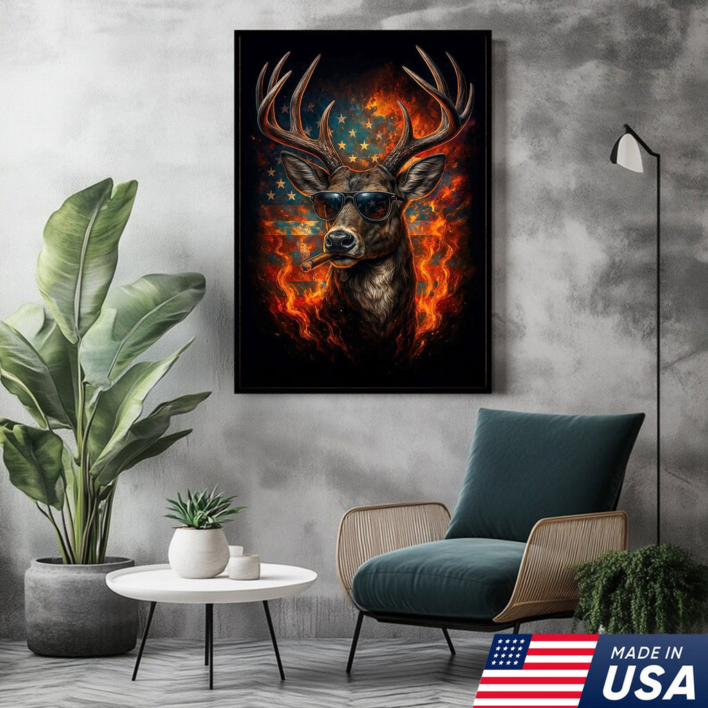 Patriotic Deer Wall Art Canvas – Cool Buck with Sunglasses and American Flag