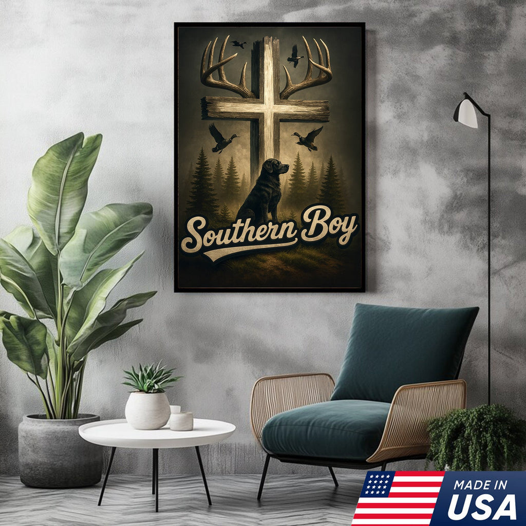 Southern Boy Canvas Wall Art, Deer Antler Cross with Labrador Retriever and Flying Ducks