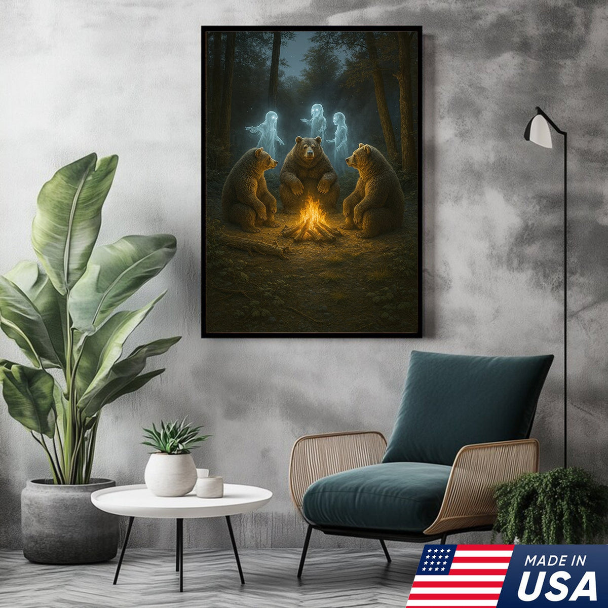Ghost Bear Campfire Wall Art Canvas – Spooky Forest Spirit Canvas Print for Halloween Decor