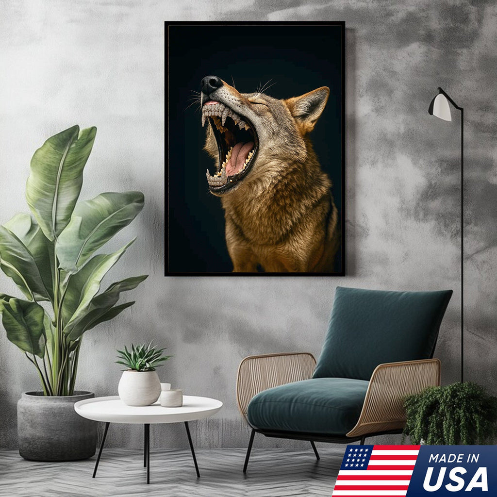 Roaring Wolf Canvas Wall Art, Fierce Animal Portrait Artwork, Rustic Wildlife Decor