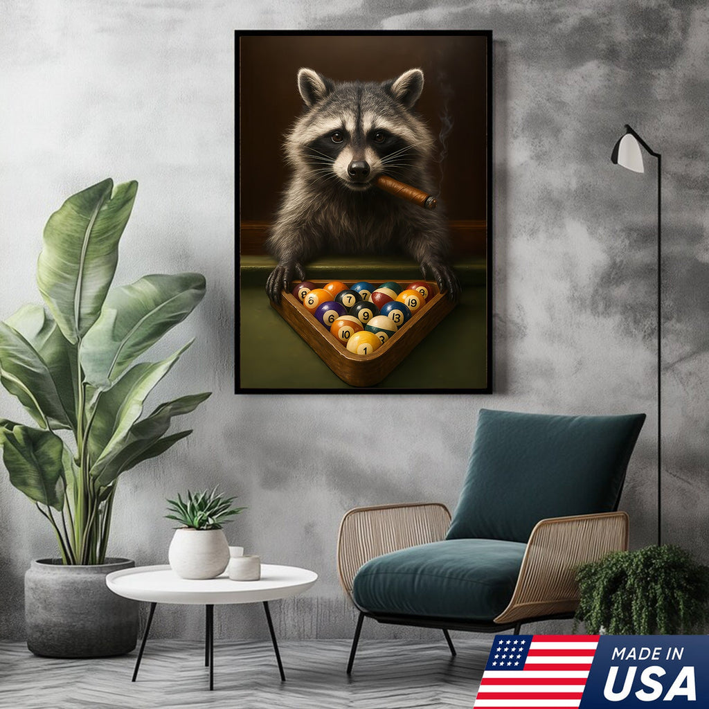Funny Raccoon Pool Player Canvas – Perfect Gift for Billiards Lovers & Outdoors Men