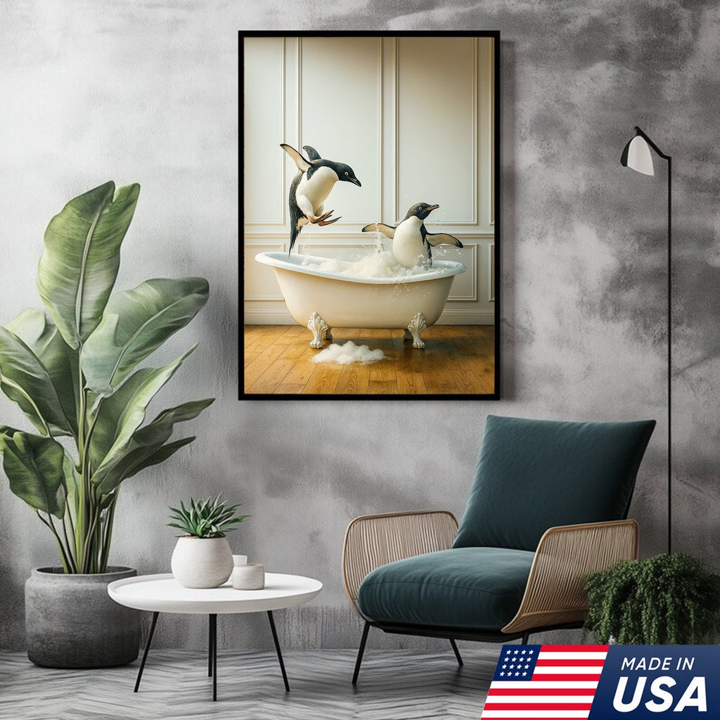 Playful Penguin Bubble Bath Wall Art Canvas, Jumping Penguins in Bathtub Bathroom Decor