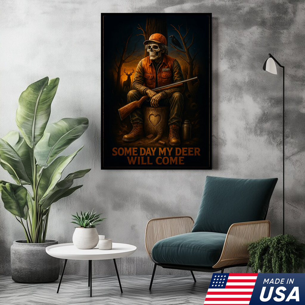 Funny Deer Hunting Canvas Wall Art – Skeleton Hunter with Rifle, Rustic Lodge Decor