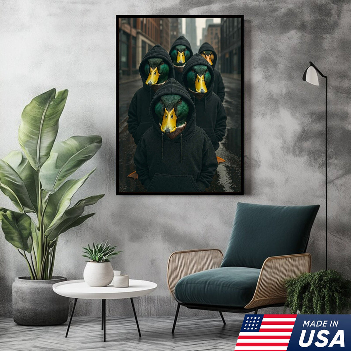 Urban Duck Gang Canvas Wall Art, Hooded Anthropomorphic Ducks Artwork