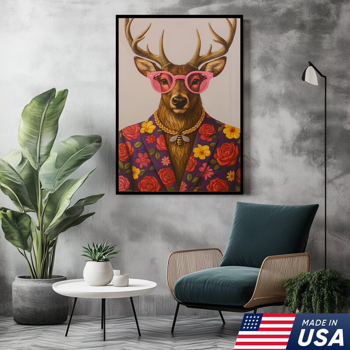 Funny Deer Wall Art Canvas – Stylish Hunter Canvas with Floral Suit & Sunglasses