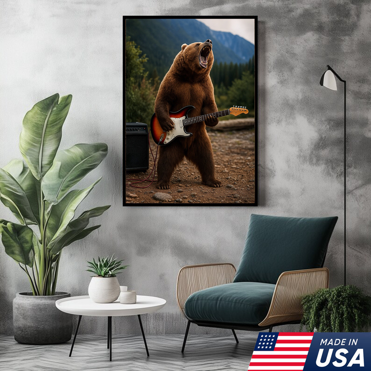 Funny Bear Canvas Wall Art – Rock and Roll Wildlife Decor, Guitar Playing Grizzly