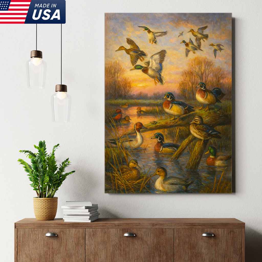 Duck Hunting Canvas Wall Art – Oil Painting Style Waterfowl at Sunset Rustic Lodge Decor