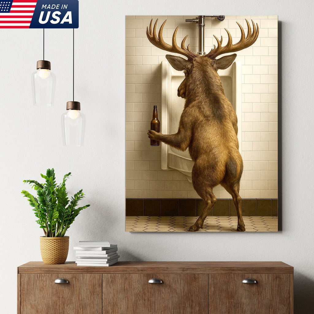 Funny Elk Canvas Wall Art - Rustic Bathroom Lodge Decor for Hunters - Unique Wildlife Cabin Print