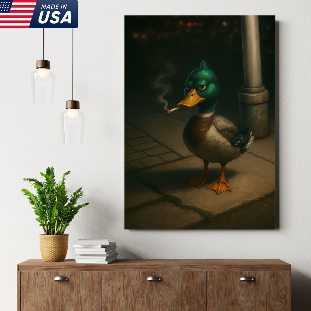 Funny Duck Canvas, Grumpy Mallard Wall Art, Humorous Bird Lover Decor for Man Cave or Cabin
