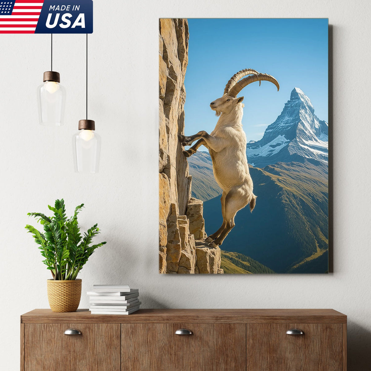 Alpine Ibex Climbing Cliff Canvas Wall Art, Matterhorn Mountain Landscape Print