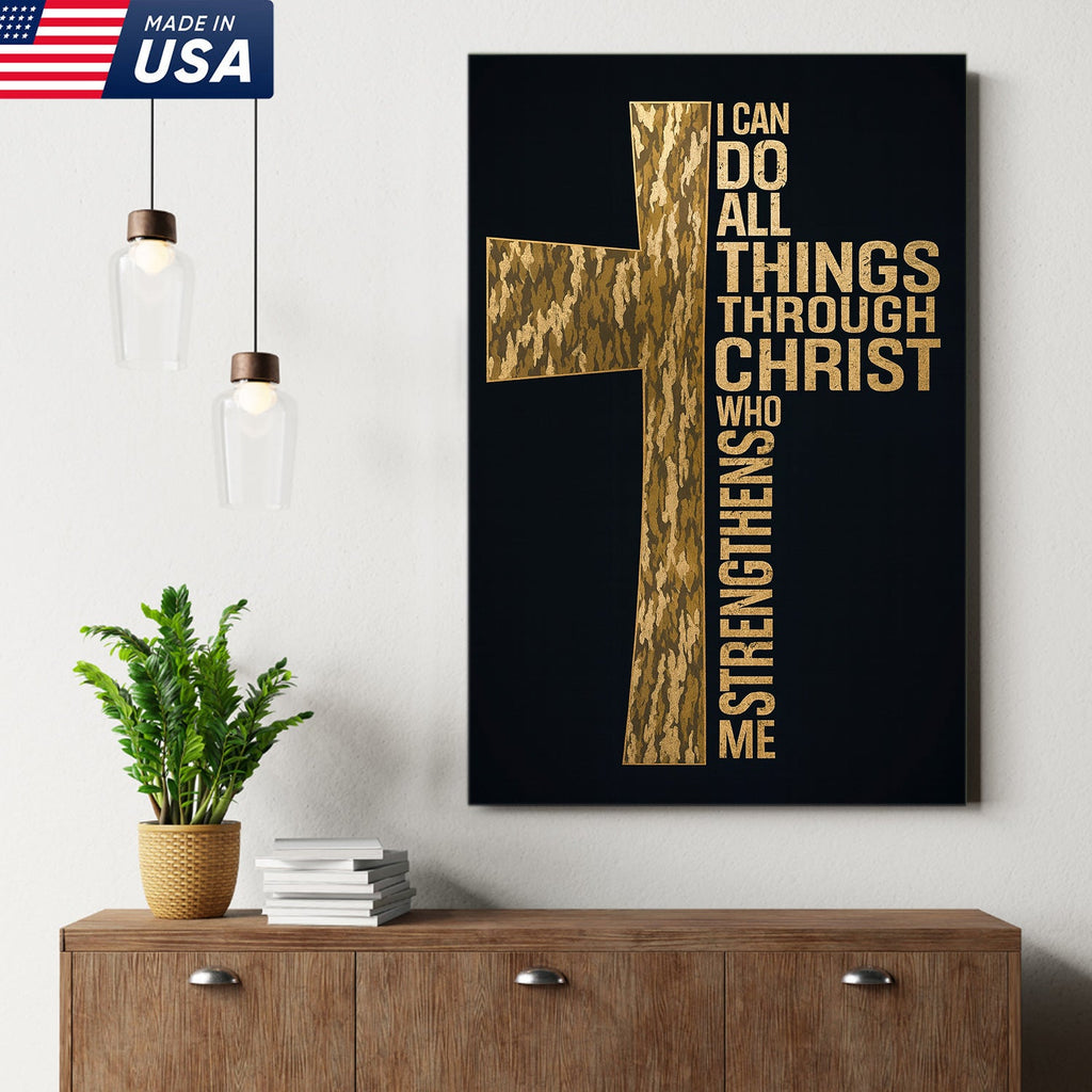 Camo Cross Christian Canvas Wall Art, Philippians 413 I Can Do All Things Through Christ Verse