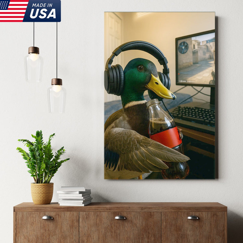 Funny Gamer Duck Canvas Wall Art, Mallard With Headphones and Soda