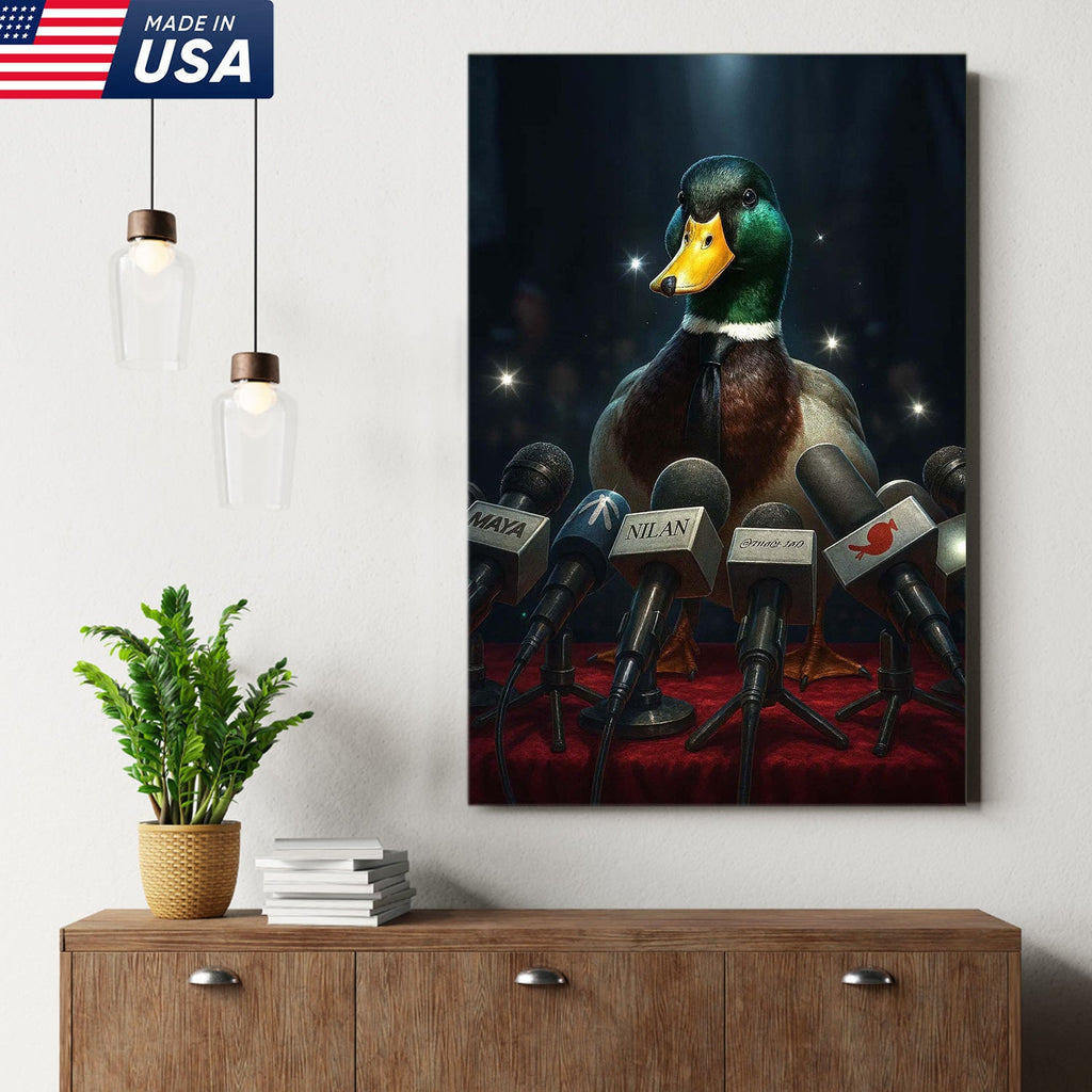 Confident Duck Press Conference Canvas Wall Art, Funny Animal Leader Humor Artwork