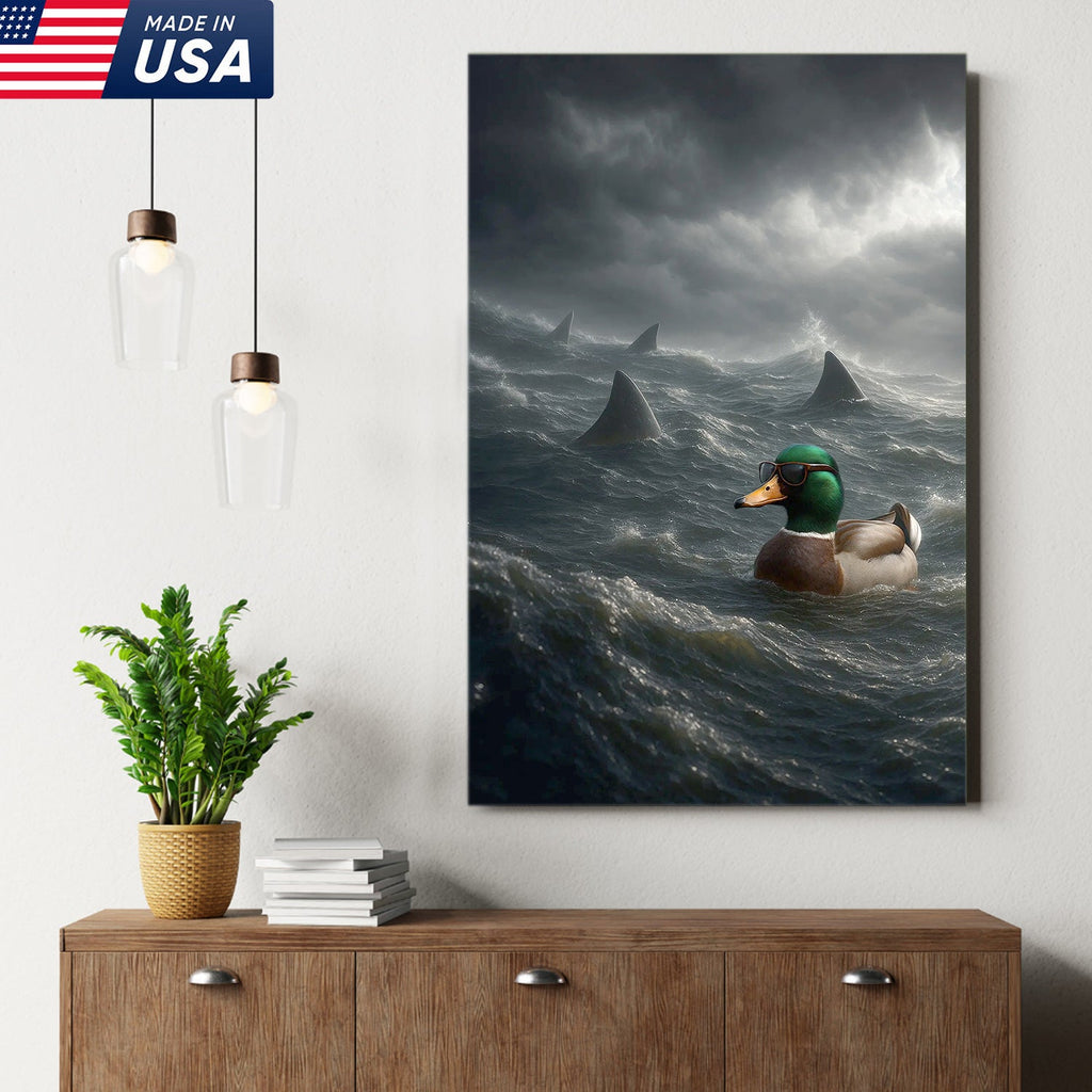 Funny Duck in Shark Infested Waters Canvas Wall Art, Cool Sunglasses Duck Ocean Storm Print