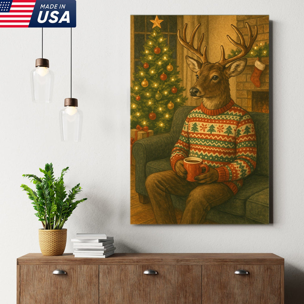 Cozy Christmas Deer Canvas Wall Art Print – Holiday Reindeer With Hot Cocoa