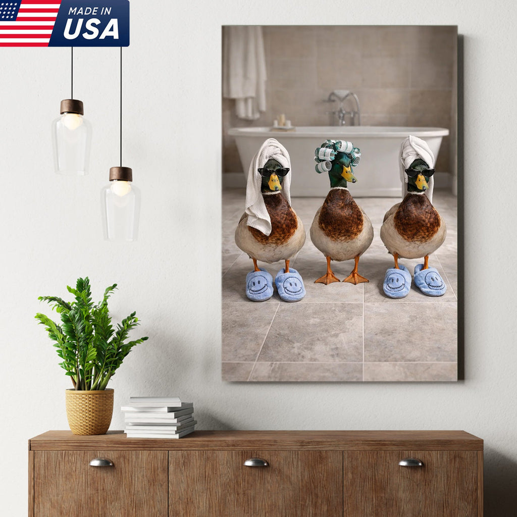 Funny Duck Spa Bathroom Canvas Wall Art, Whimsical Farm Animal Self Care Illustration