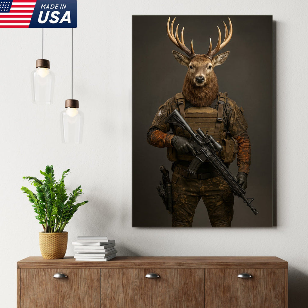 Tactical Deer Soldier Wall Art Canvas – Military Buck Canvas Print for Man Cave & Hunter Decor