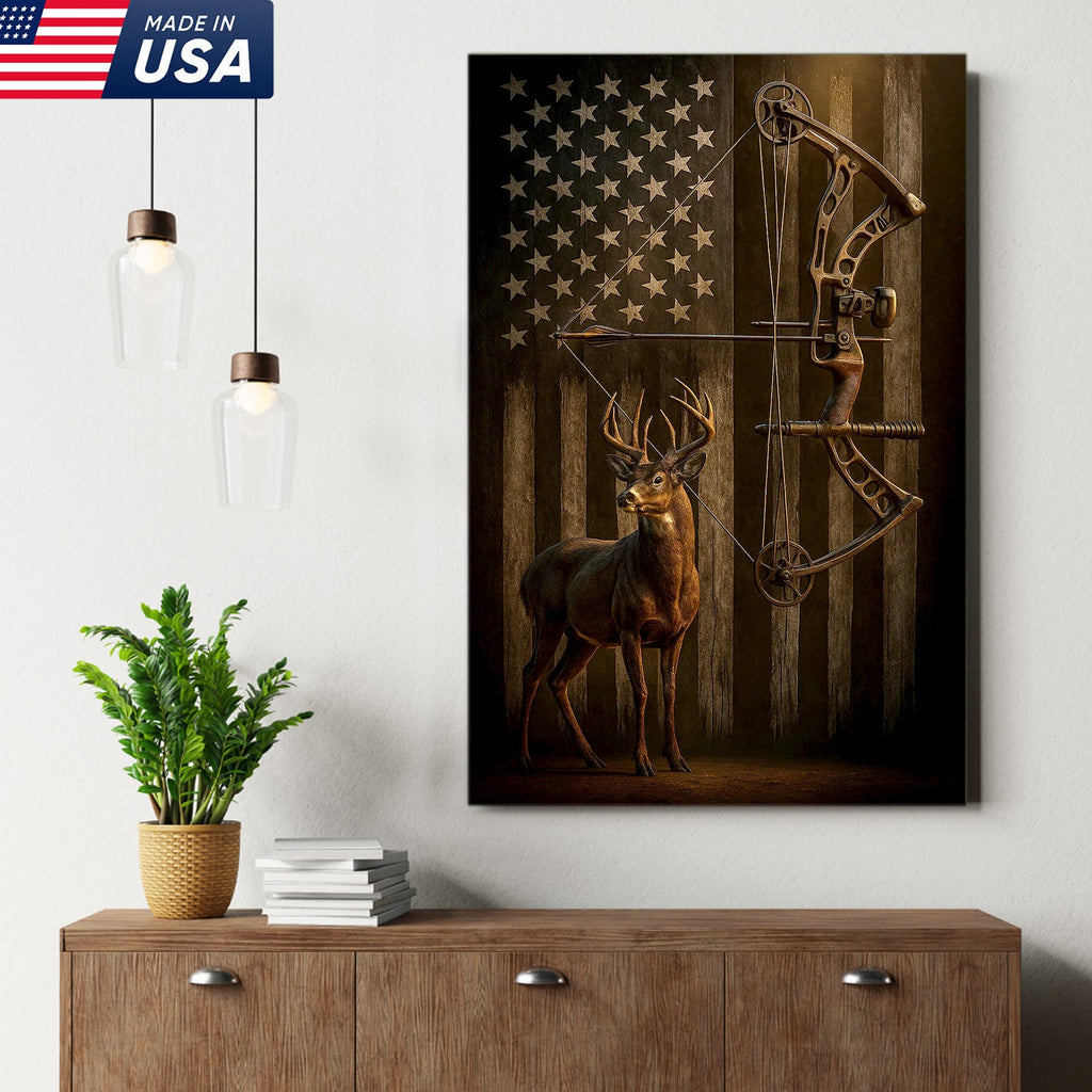 Deer and Bow American Flag Canvas Wall Art — Patriotic Hunting Decor Featuring Buck and Compound Bow