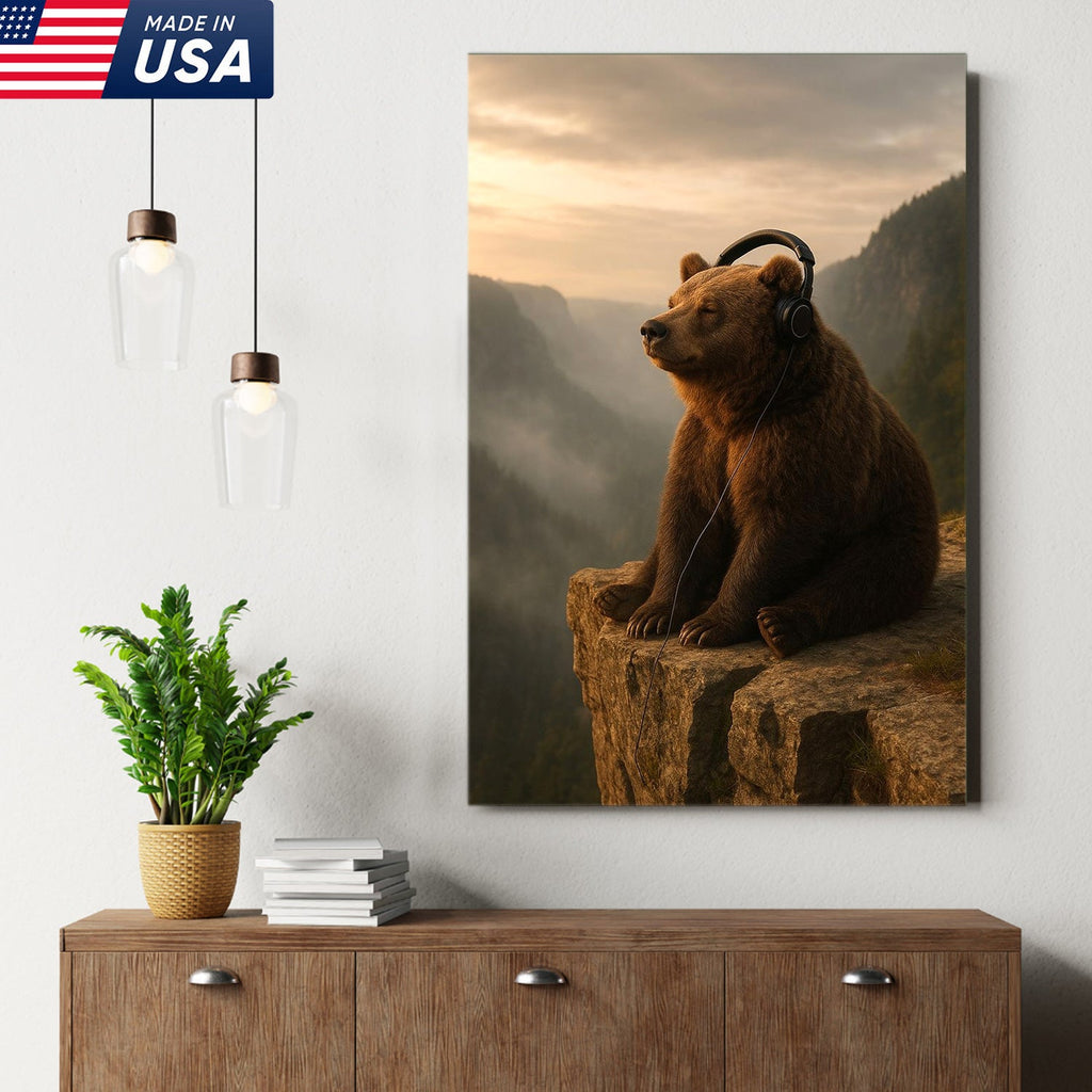 Funny Bear Wall Art, Chill Bear Canvas, Bear with Headphones Art