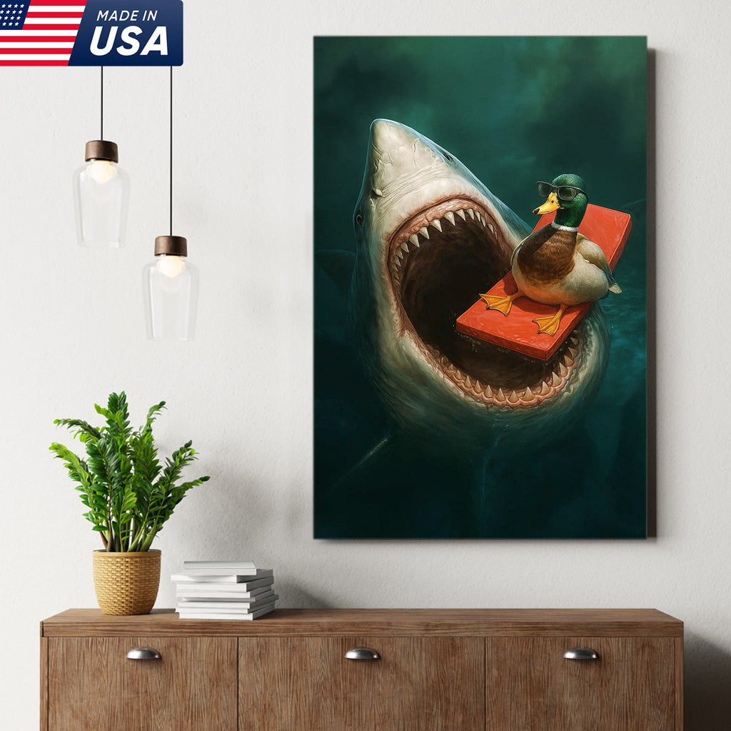 Funny Duck Shark Canvas Wall Art, Fearless Sunglasses Duck Floating Above Shark Jaws Print