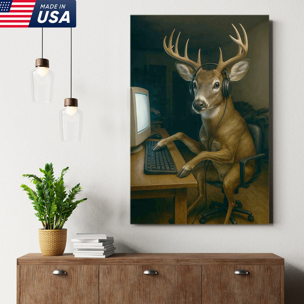 Gaming Deer Canvas Wall Art, Funny Headphone Buck at Computer