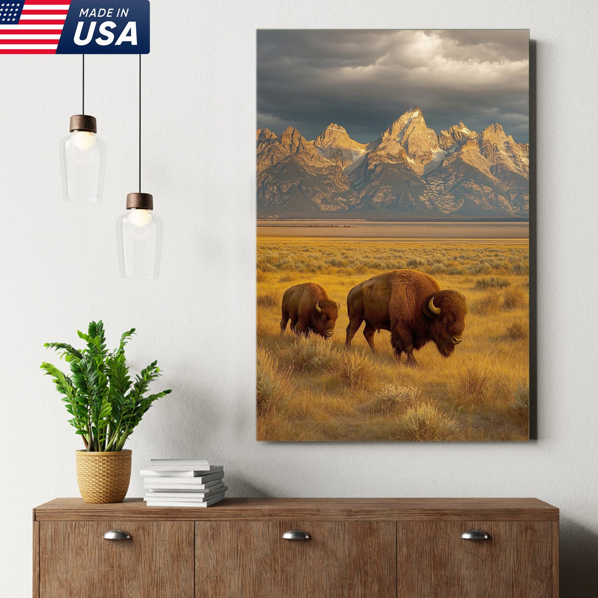 Buffalo Bison Canvas Wall Art, Grand Teton Mountain Landscape Print