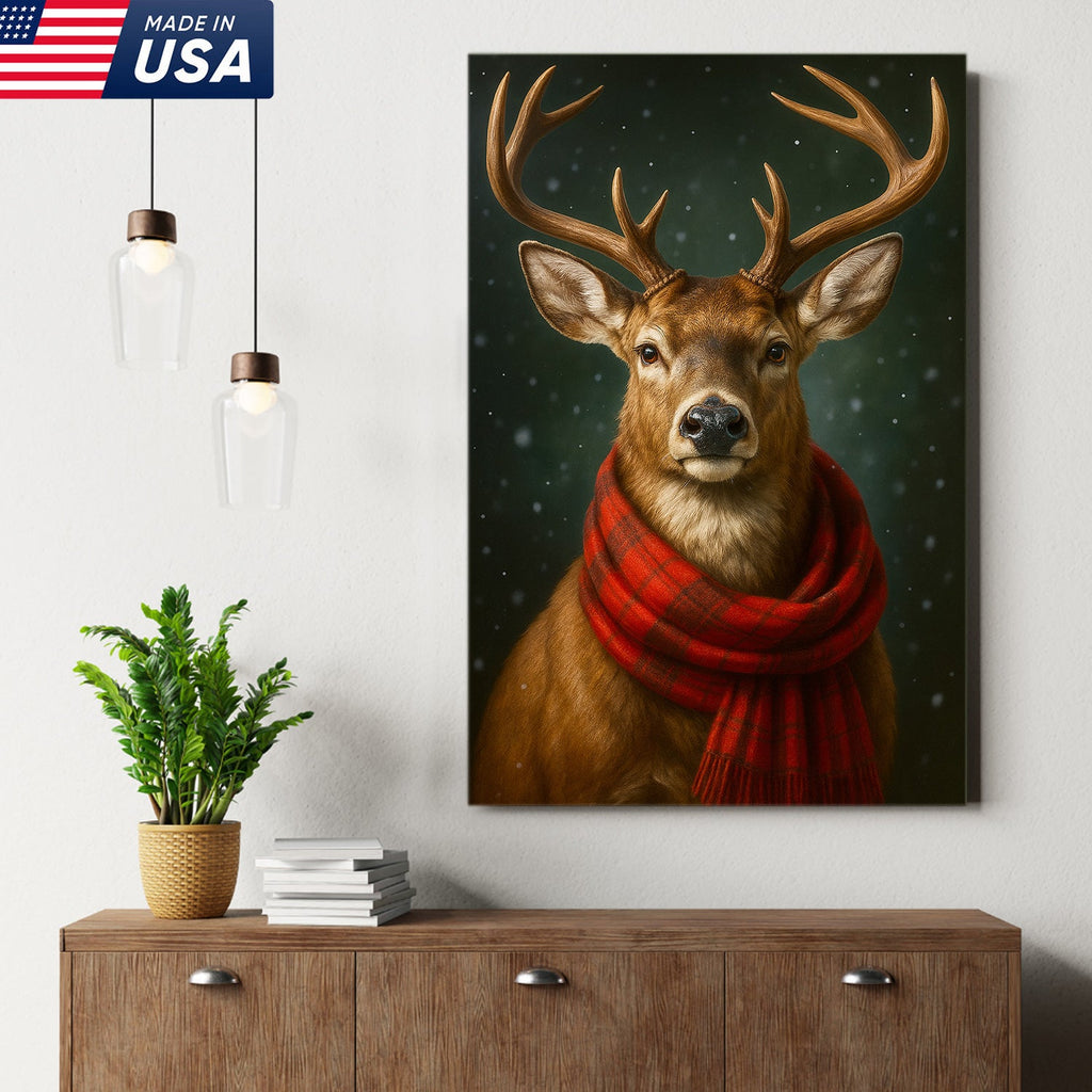 Winter Buck in Red Scarf – Christmas Cabin Wall Art, Rustic Christmas Decor