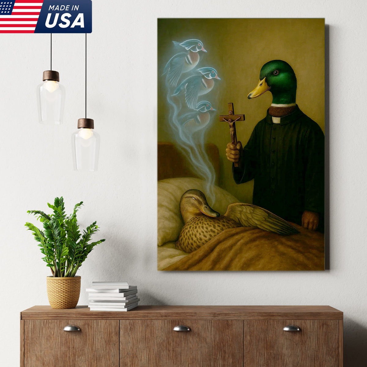 Priest Duck Canvas Wall Art, Surreal Animal Artwork, Funny Dark Humor Painting, Unique Gift for Hunters or Art Collectors