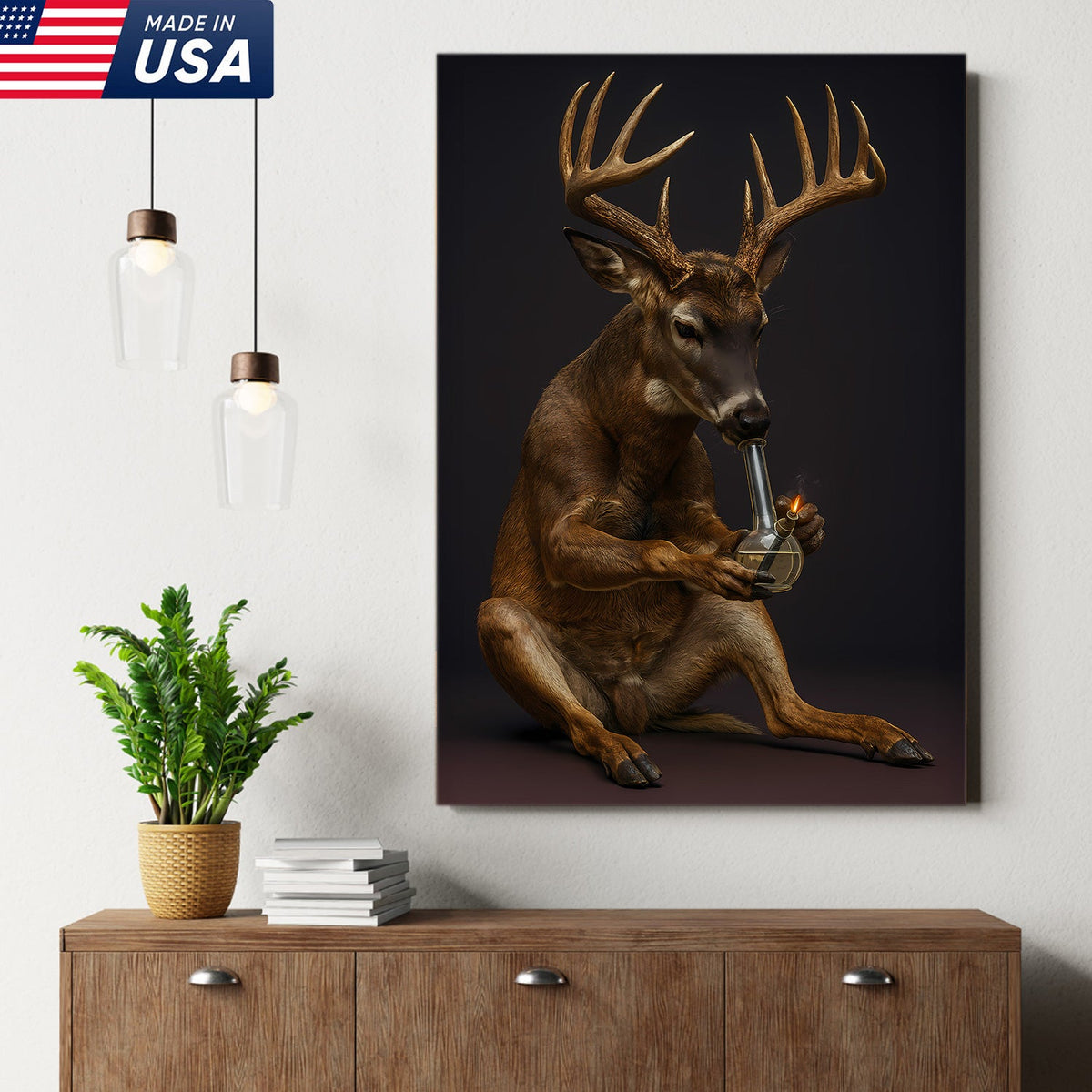 Funny Deer Smoking Canvas, Hilarious Buck Wall Art, Rustic Cabin Decor for Hunters and Humor Lovers