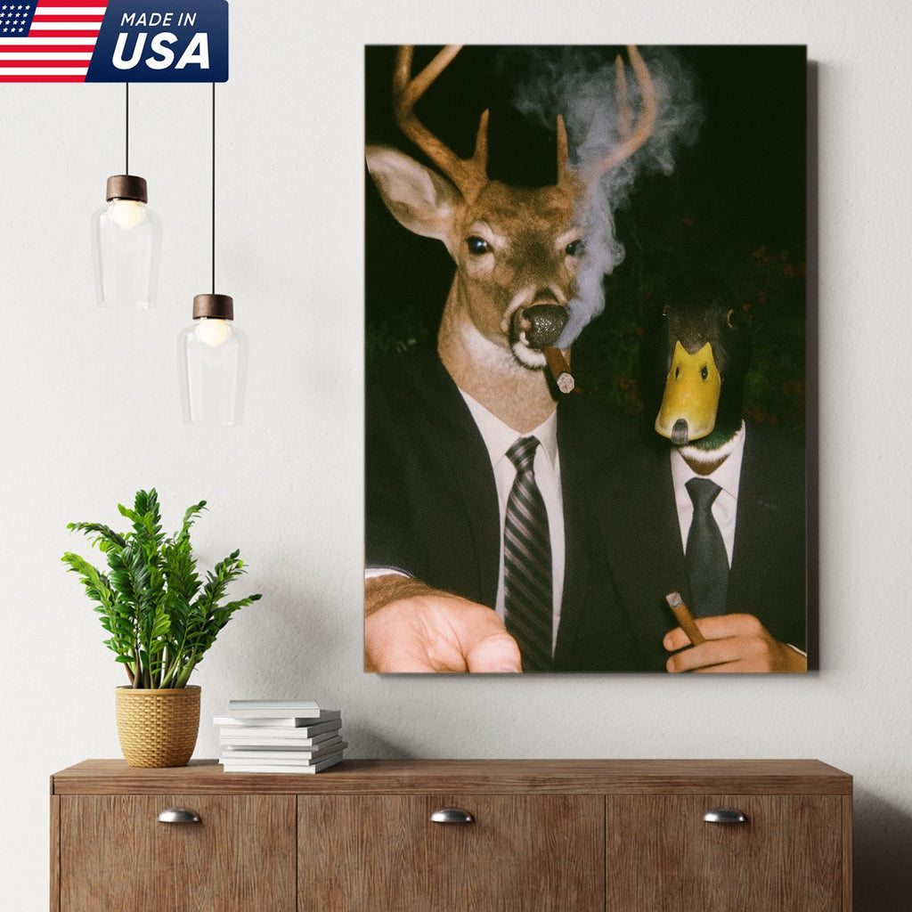 Funny Deer and Duck Canvas Wall Art - Hilarious Animal Duo in Suits