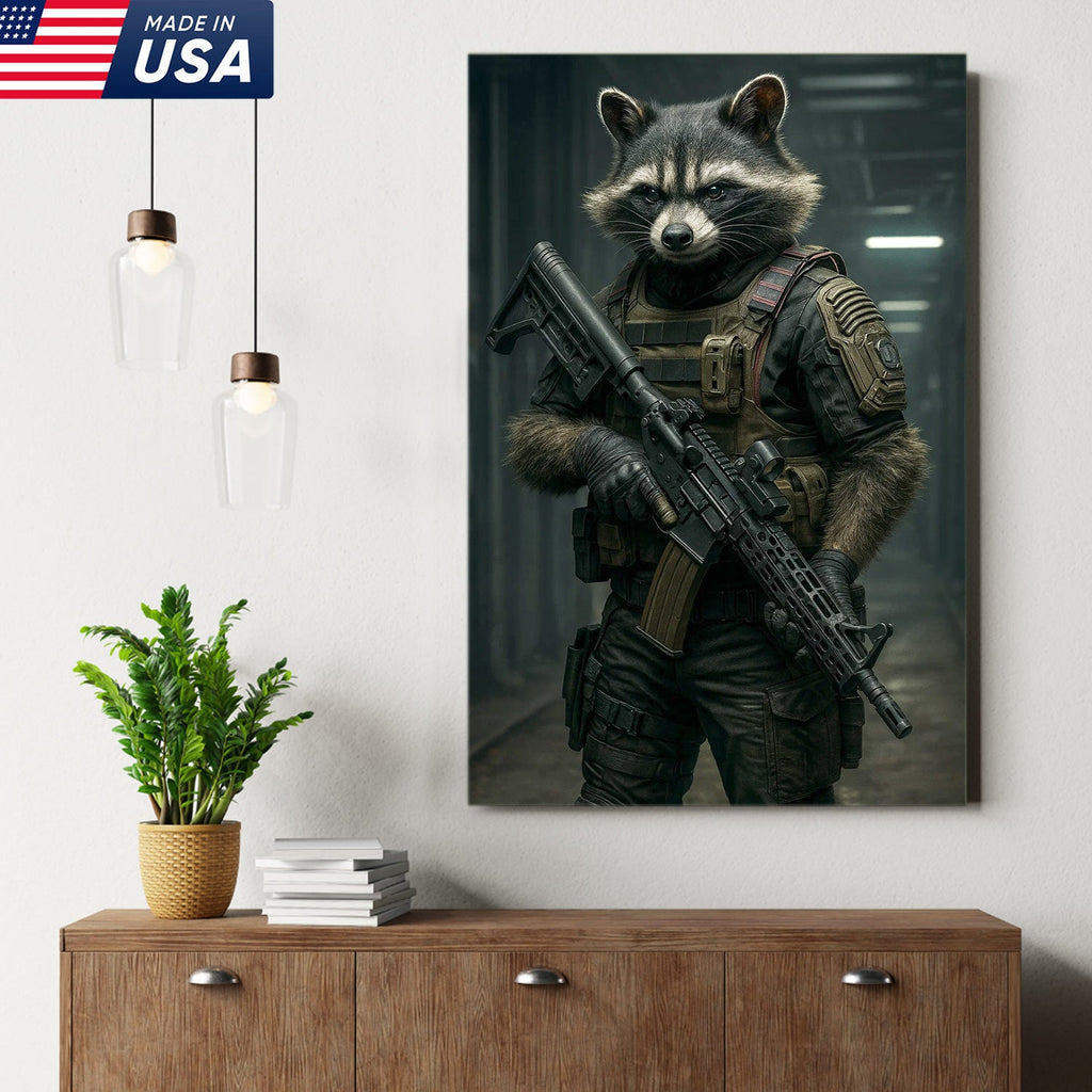 Tactical Raccoon Canvas Art – Elite Armored Trash Panda Warrior