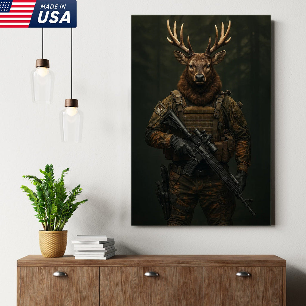 Tactical Deer Canvas Art – Elite Antlered Warrior in Combat Gear