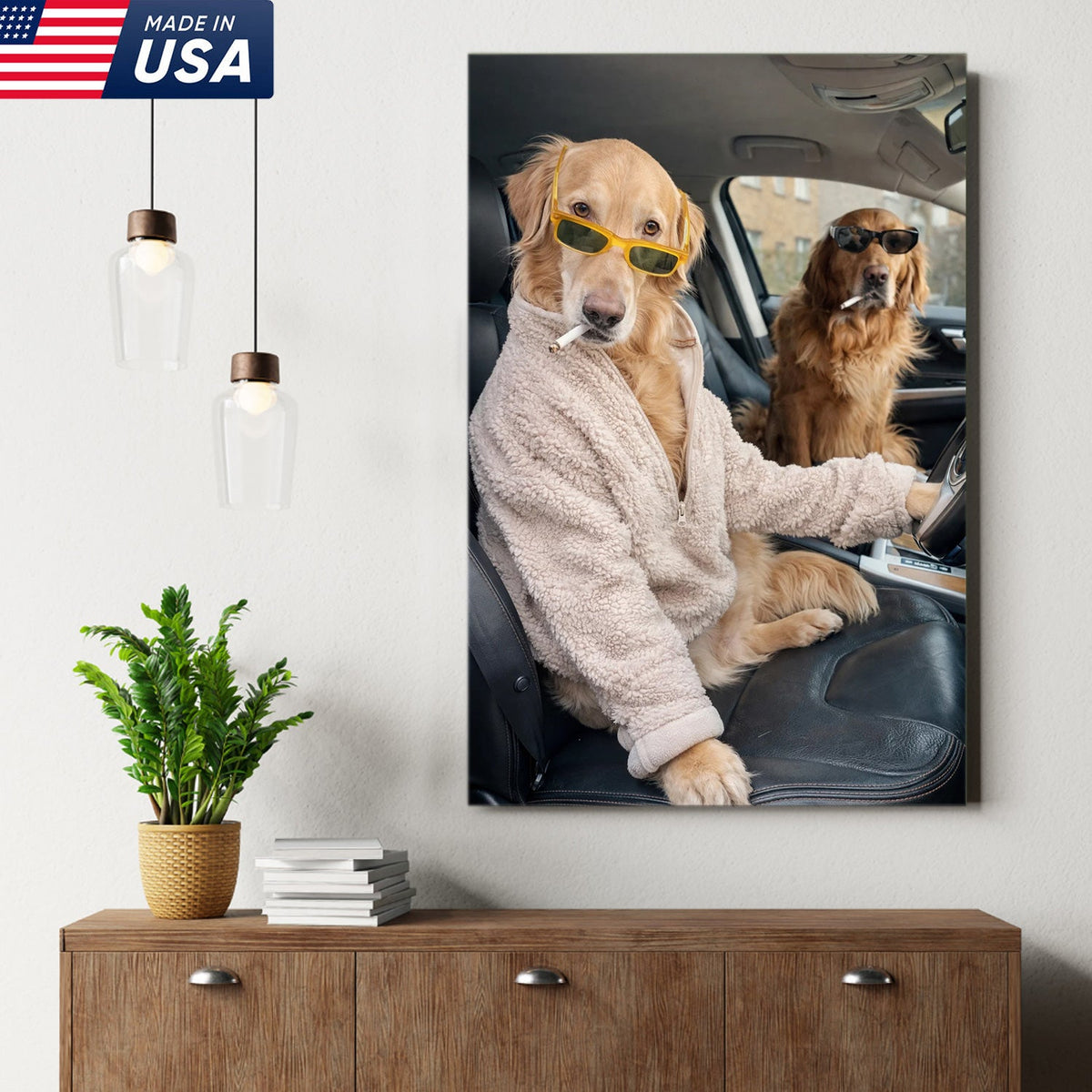 Funny Dog Driving Car Canvas Wall Art, Cool Golden Retriever Duo Portrait