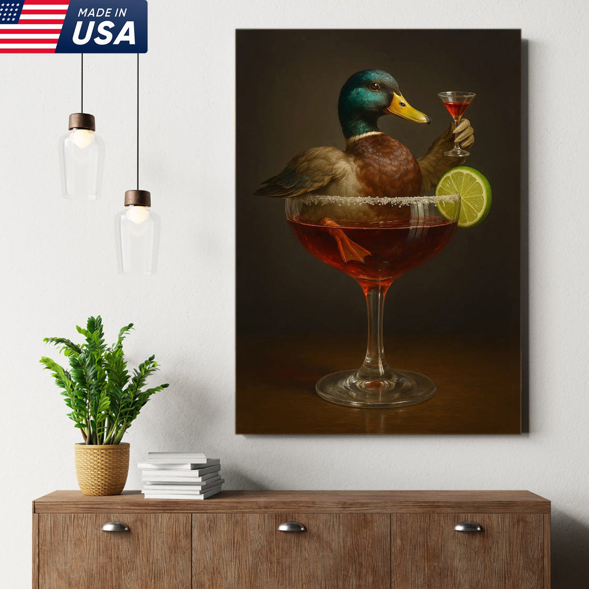 Funny Mallard Duck Canvas Wall Art - Quirky Animal in Cocktail Glass Design