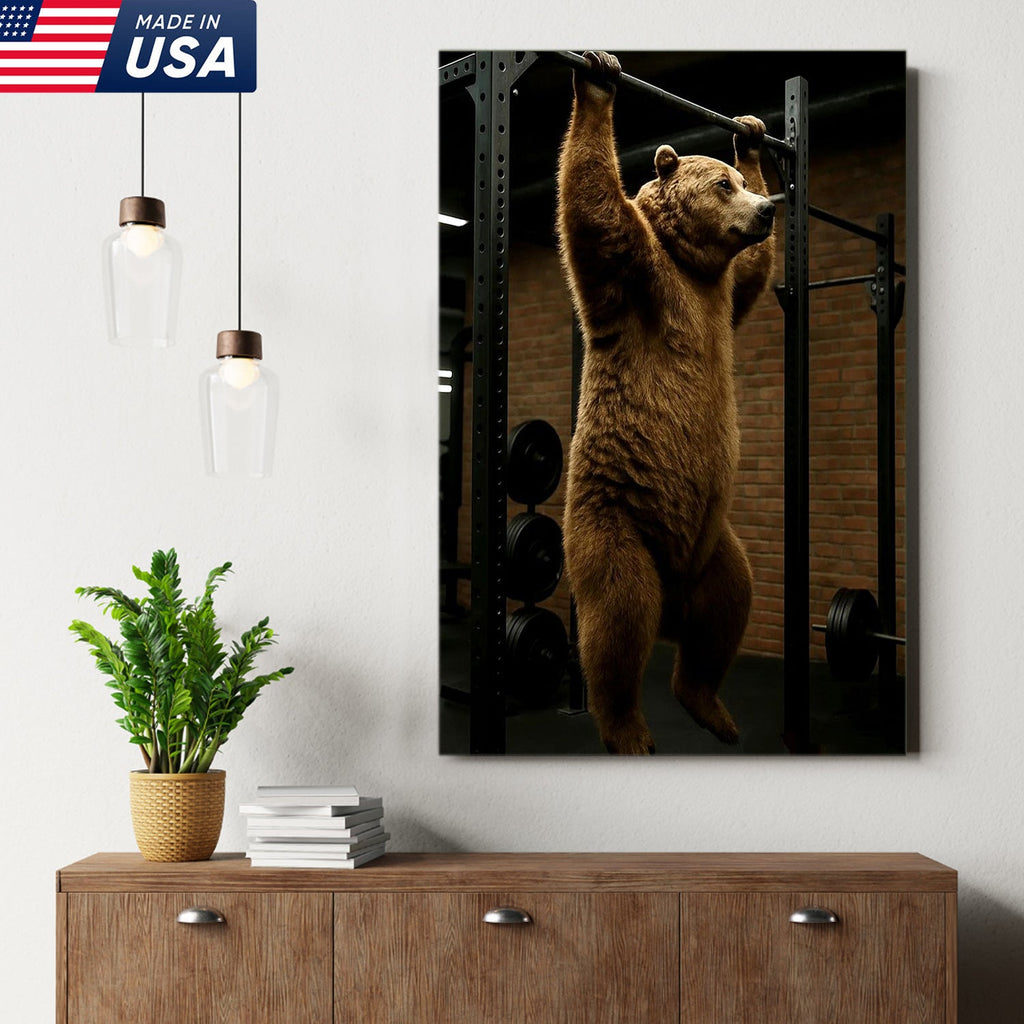 Gym Bear Canvas Wall Art, Funny Workout Animal Art, Fitness Motivation Decor