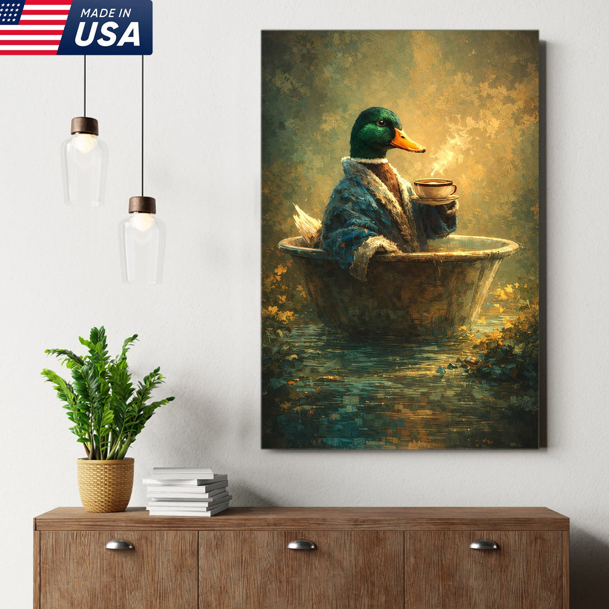 Whimsical Duck Coffee Bath Canvas Wall Art, Cozy Animal Painting