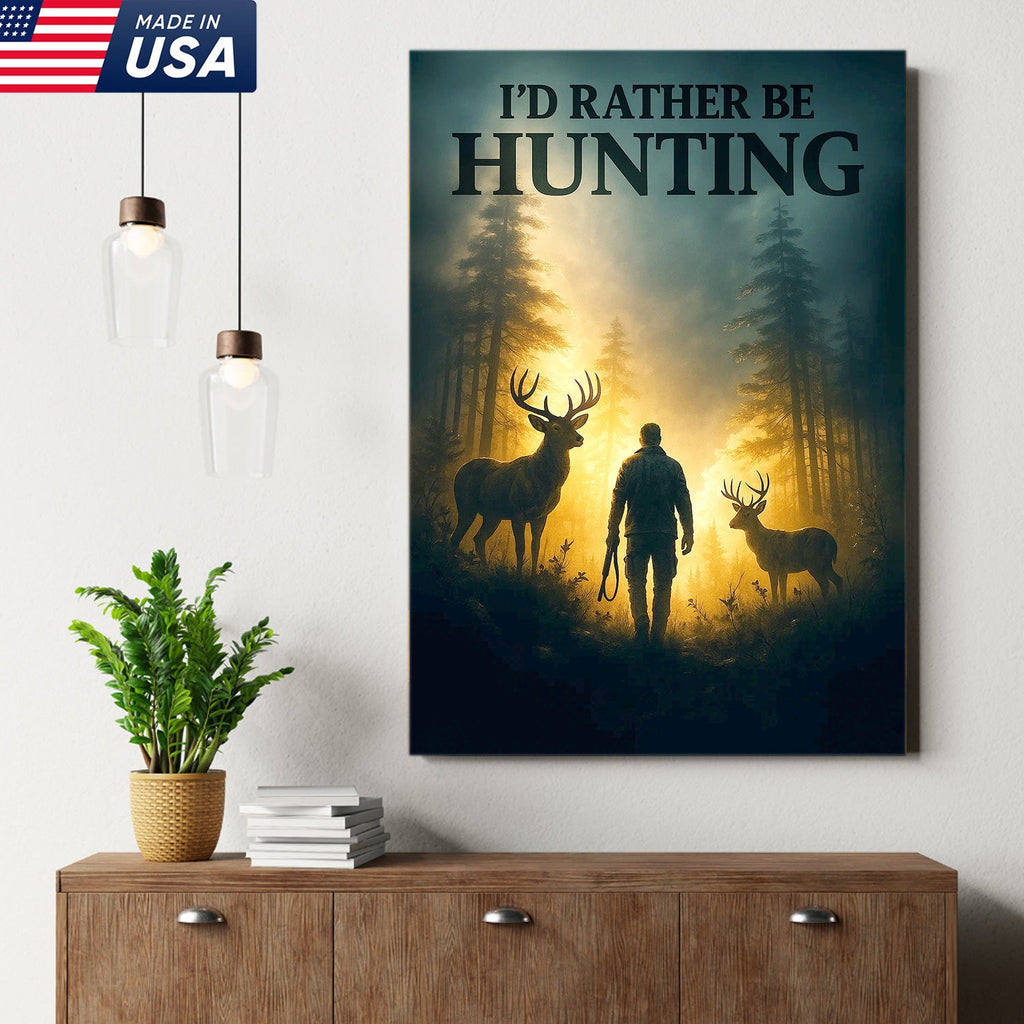 I'd Rather Be Hunting Canvas Wall Art – Rustic Deer and Hunter Scene – Cabin Lodge Outdoor Decor