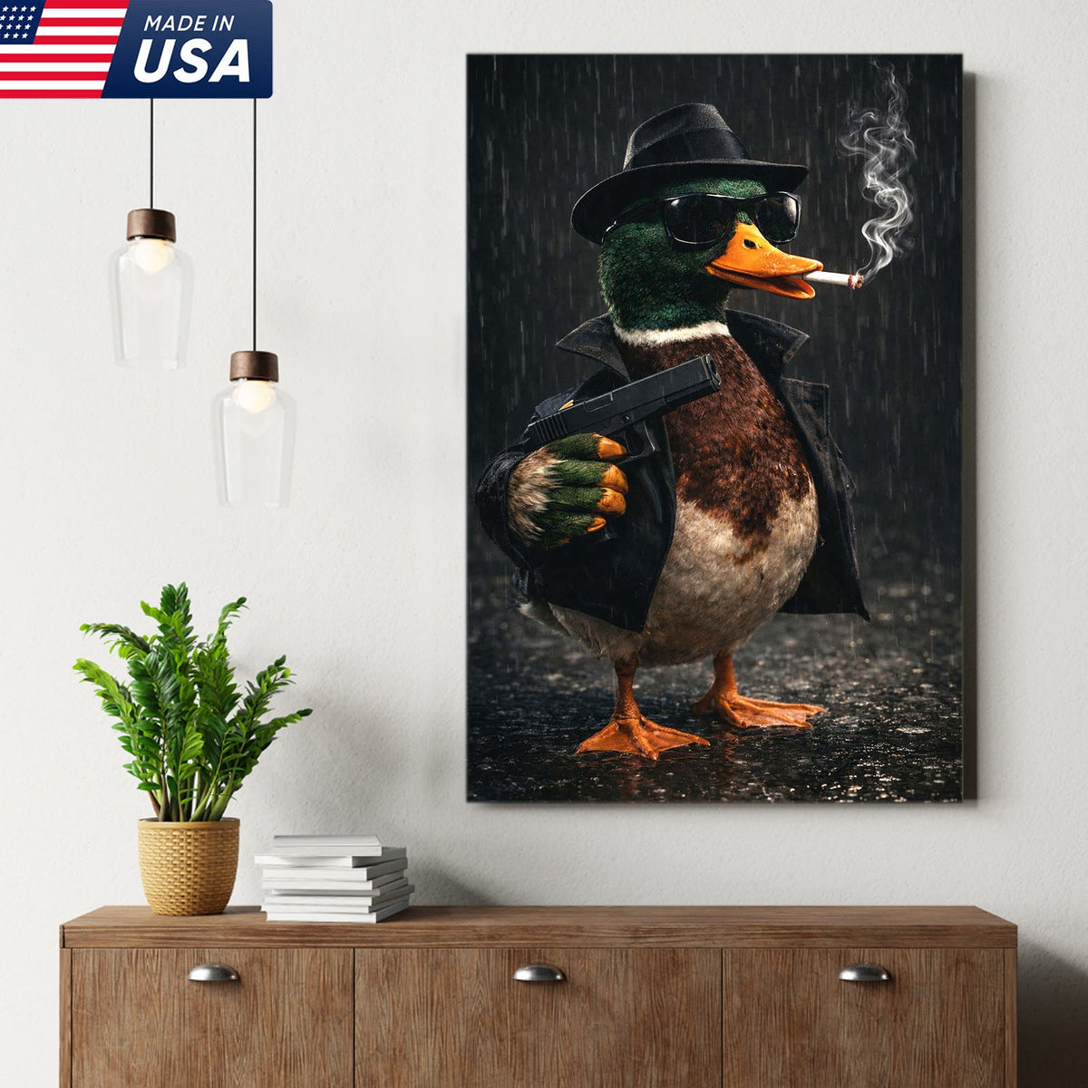 Noir Gangster Duck Canvas Wall Art, Dark Cinematic Animal Illustration