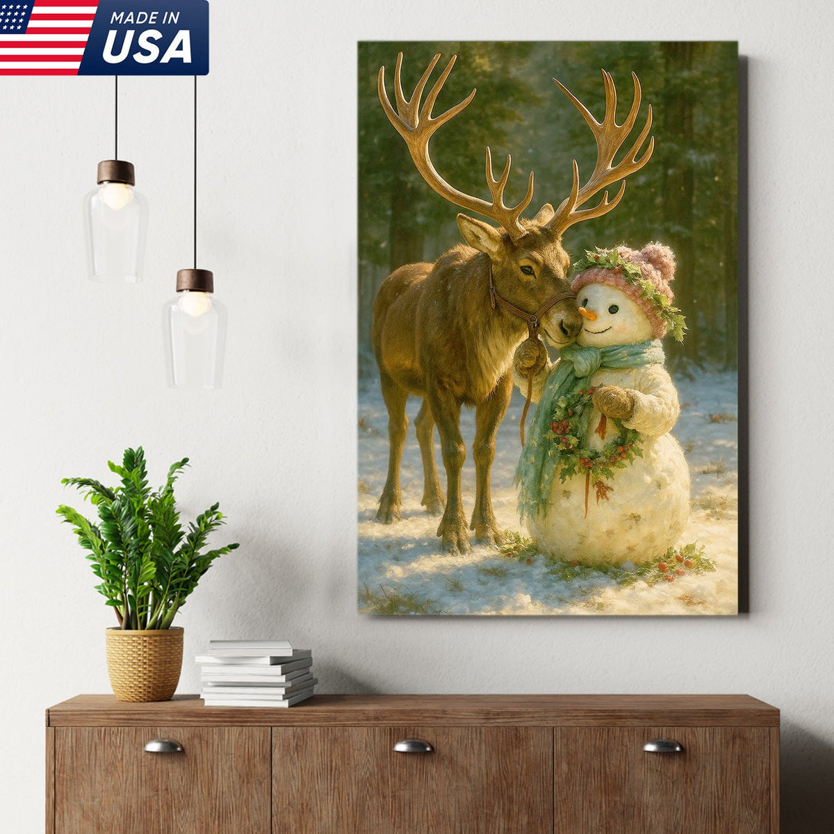 Reindeer and Snowman Friends Christmas Canvas Wall Art, Whimsical Winter Forest Holiday Print