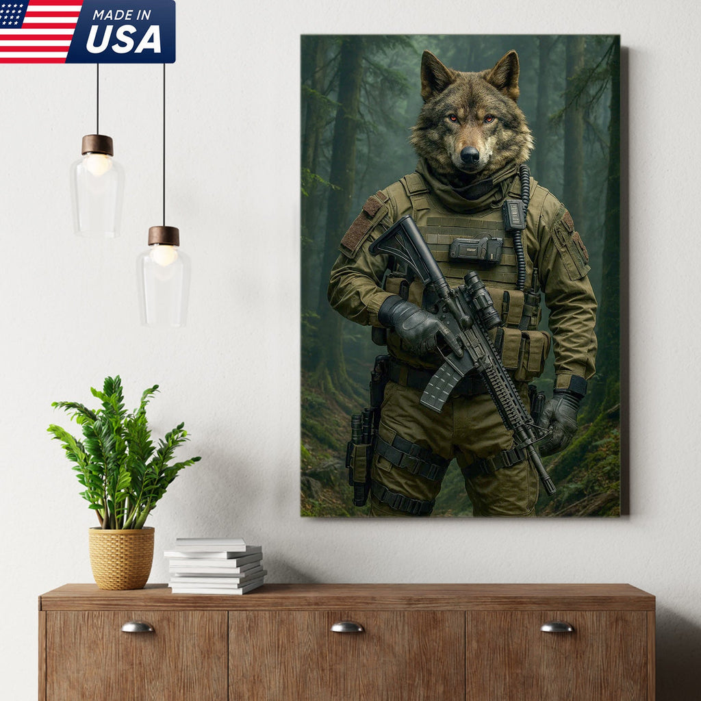 Tactical Wolf Canvas Art – Elite Armored Wolf Warrior in Forest