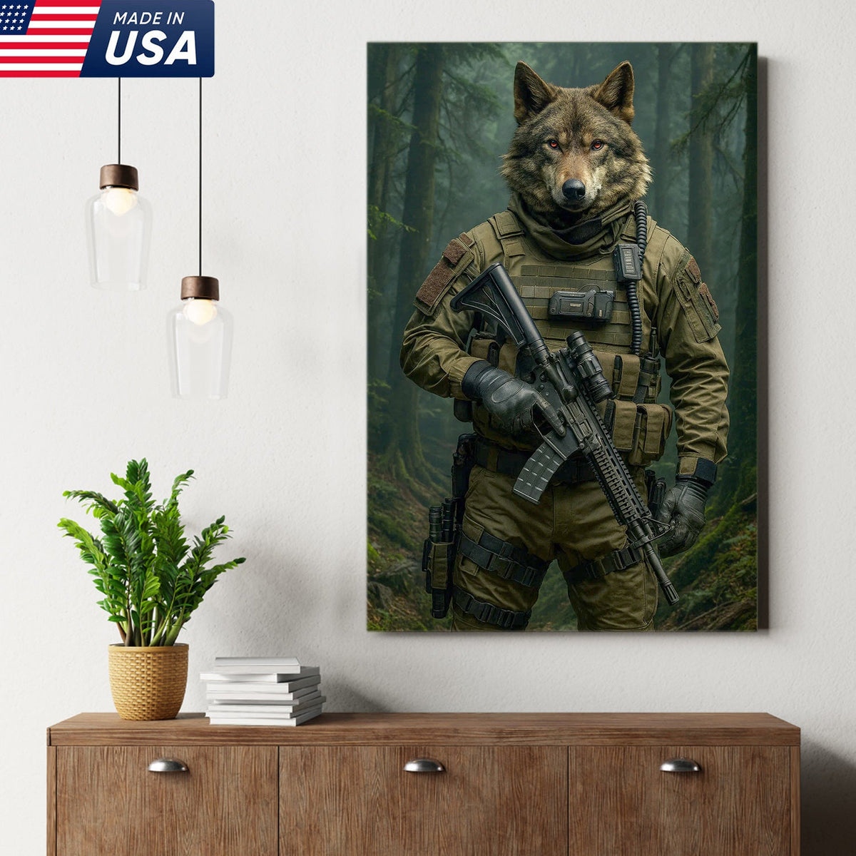 Tactical Wolf Canvas Art – Elite Armored Wolf Warrior in Forest