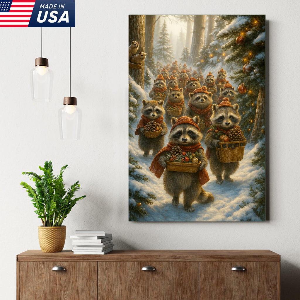 Raccoon Christmas Parade Canvas – Cozy Winter Woodland Wall Art