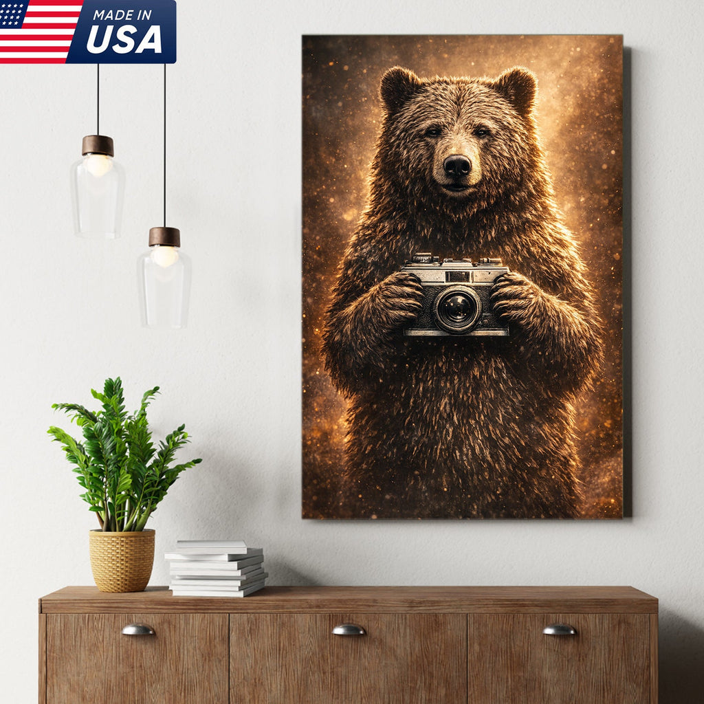 Funny Bear Photographer Wall Art Canvas – Rustic Wildlife Camera Canvas Print Decor