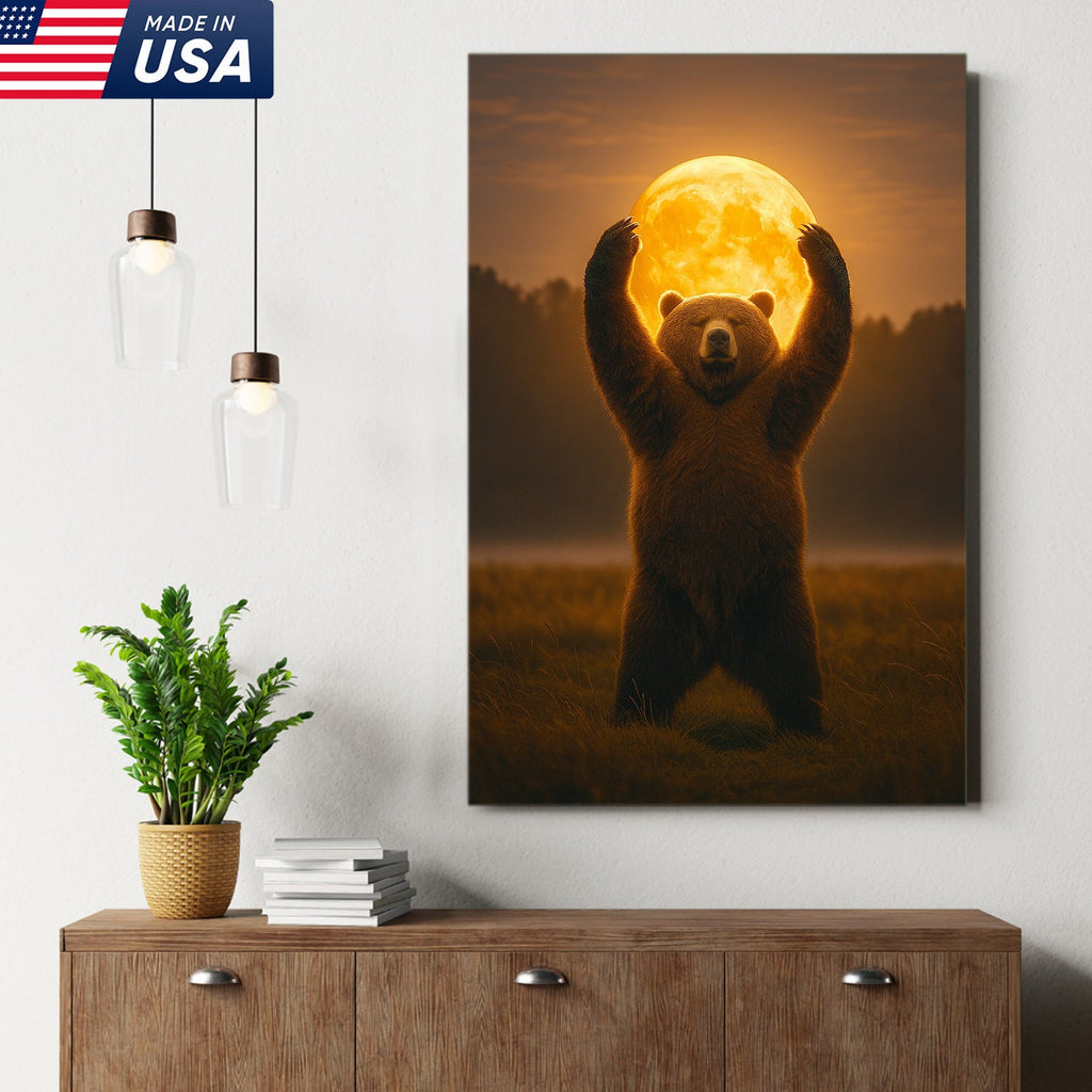 Bear Holding the Full Moon Wall Art Canvas – Mystical Wildlife Decor for Cabin & Nature Lovers