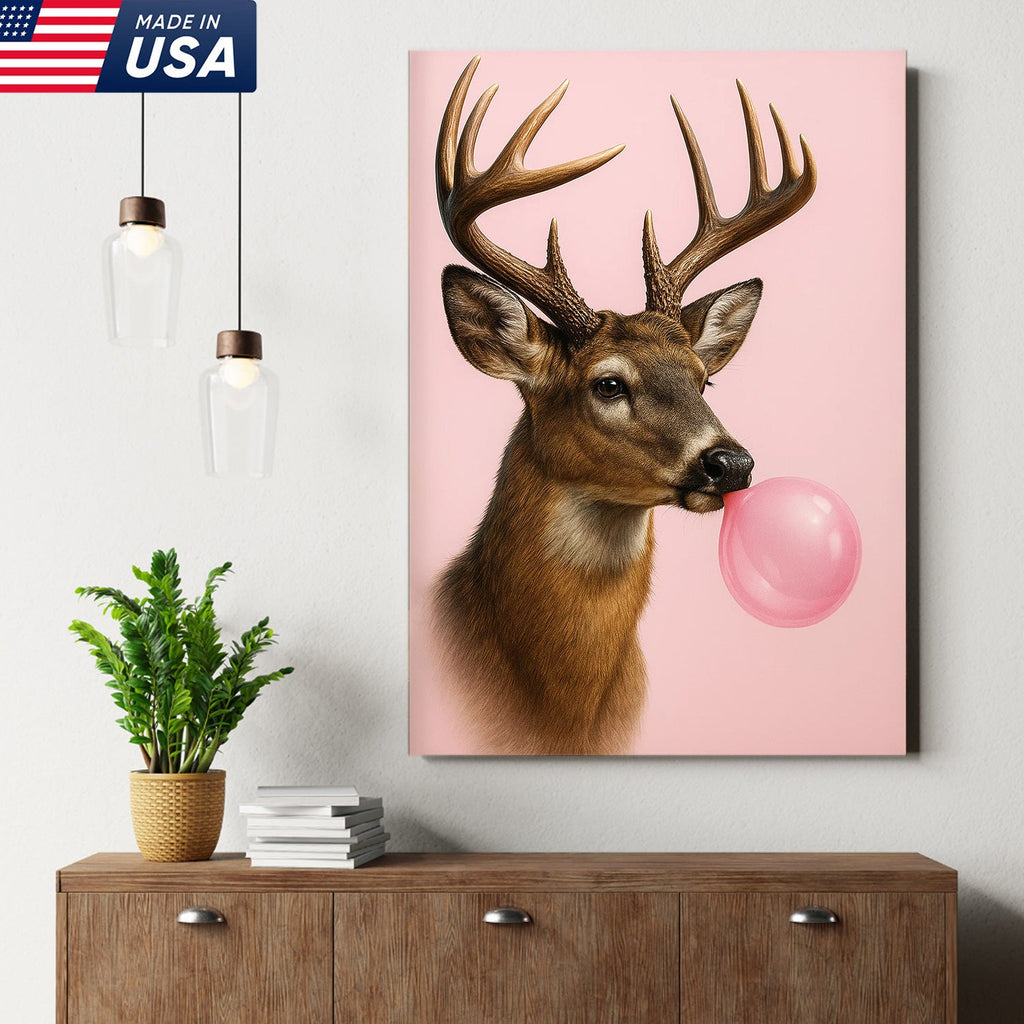 Funny Deer Blowing Bubblegum Wall Art – Modern Animal Canvas Print for Living Room
