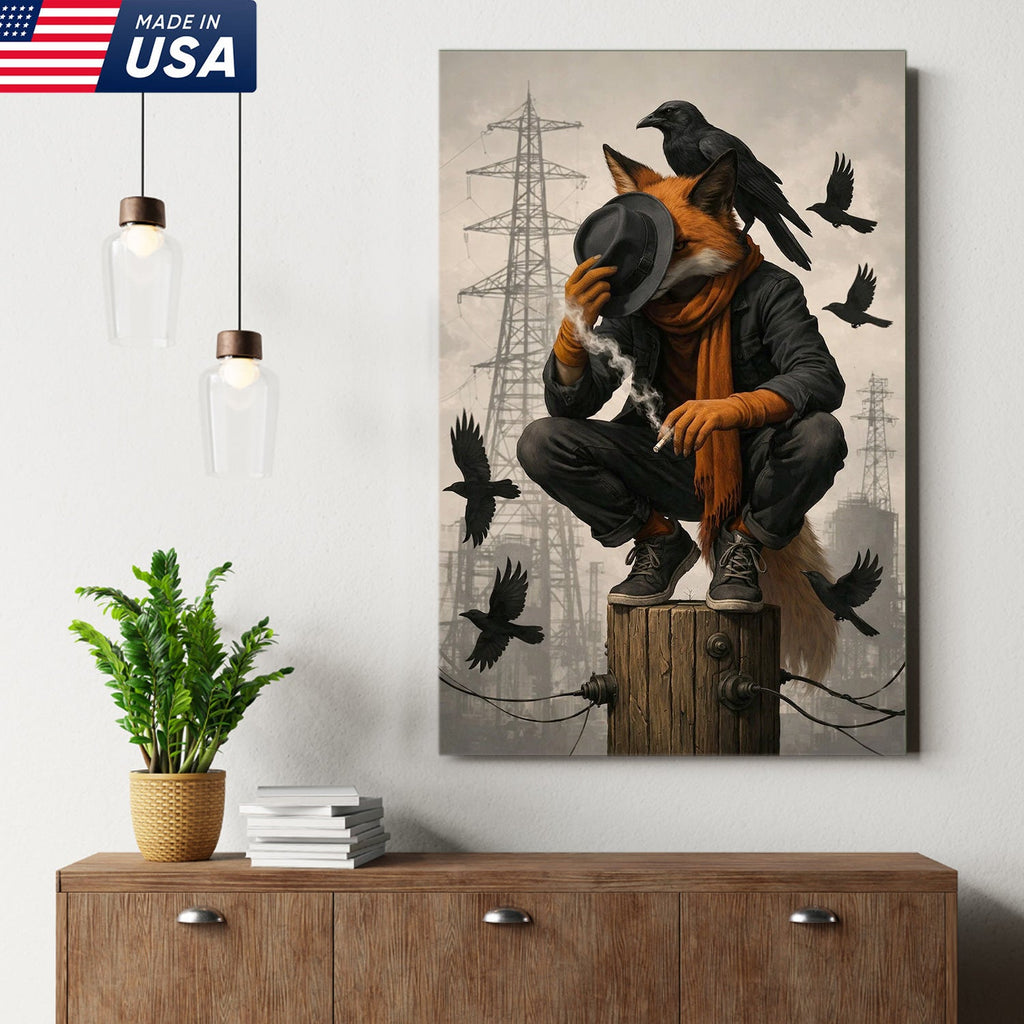 Urban Fox and Raven Canvas Wall Art, Industrial Fantasy Fox Illustration