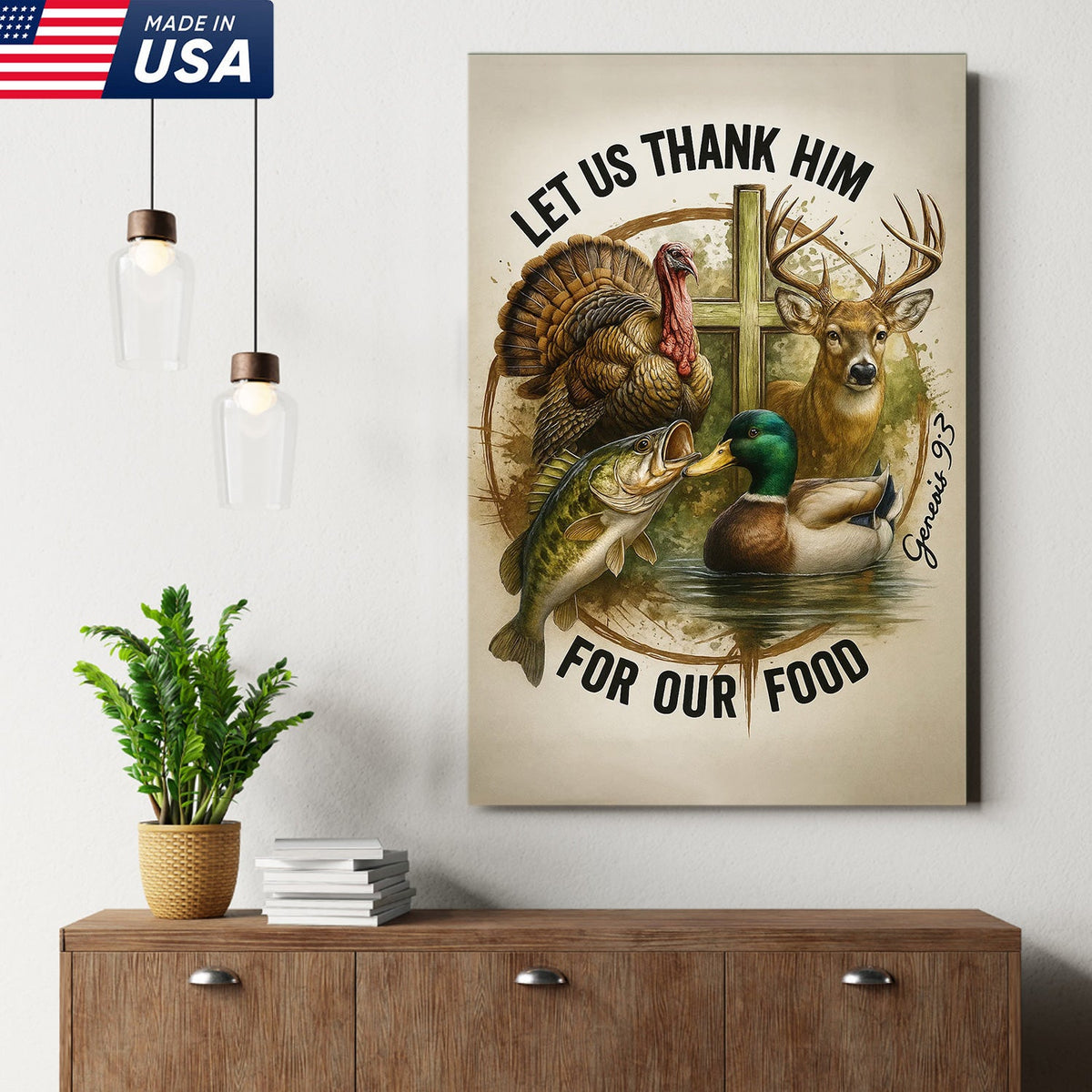Christian Hunting Canvas Wall Art — “Let Us Thank Him For Our Food” with Deer, Turkey, Duck & Fish