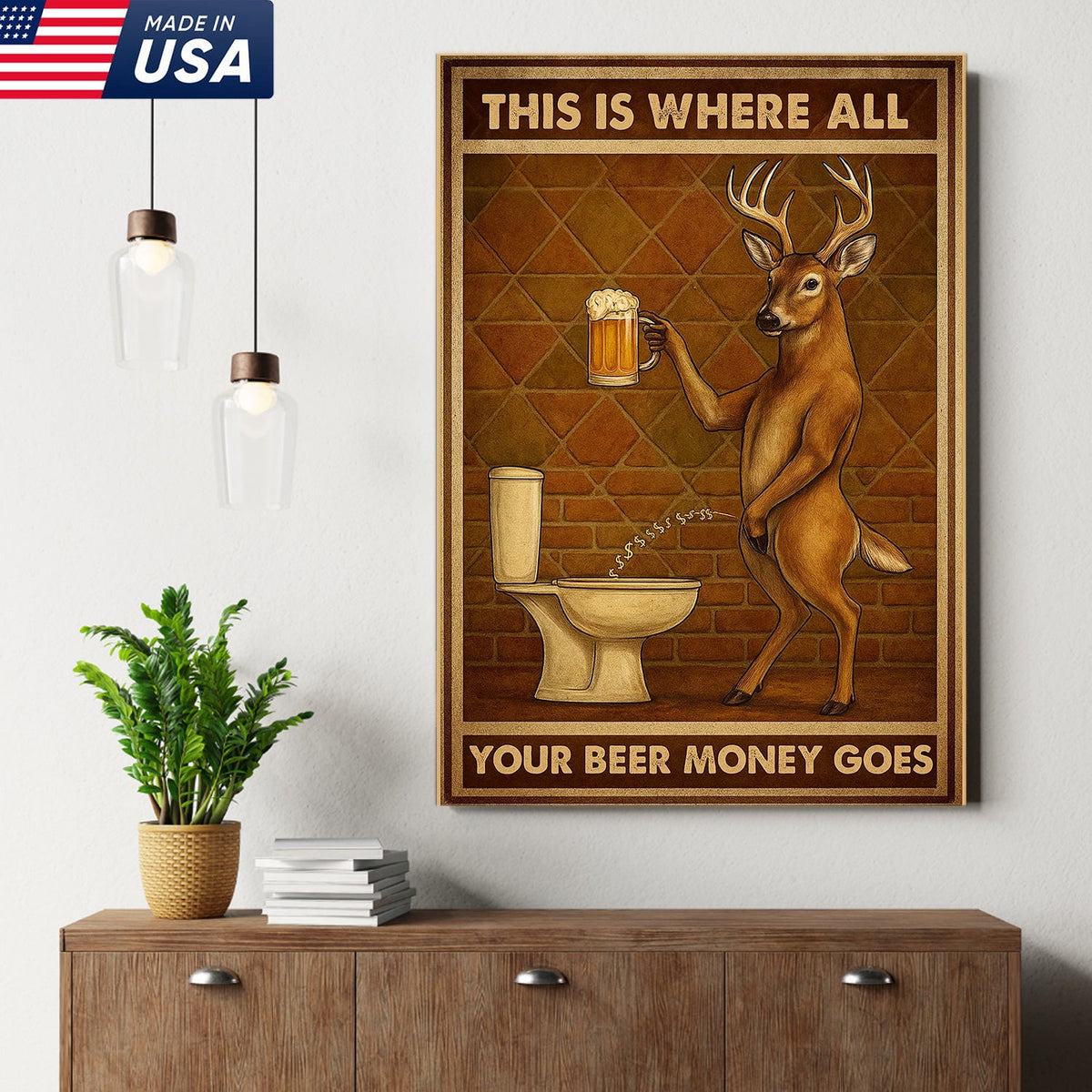 Funny Deer Beer Canvas Wall Art – Rustic Hunting Lodge Bar Decor Gift for Hunters & Beer Lovers