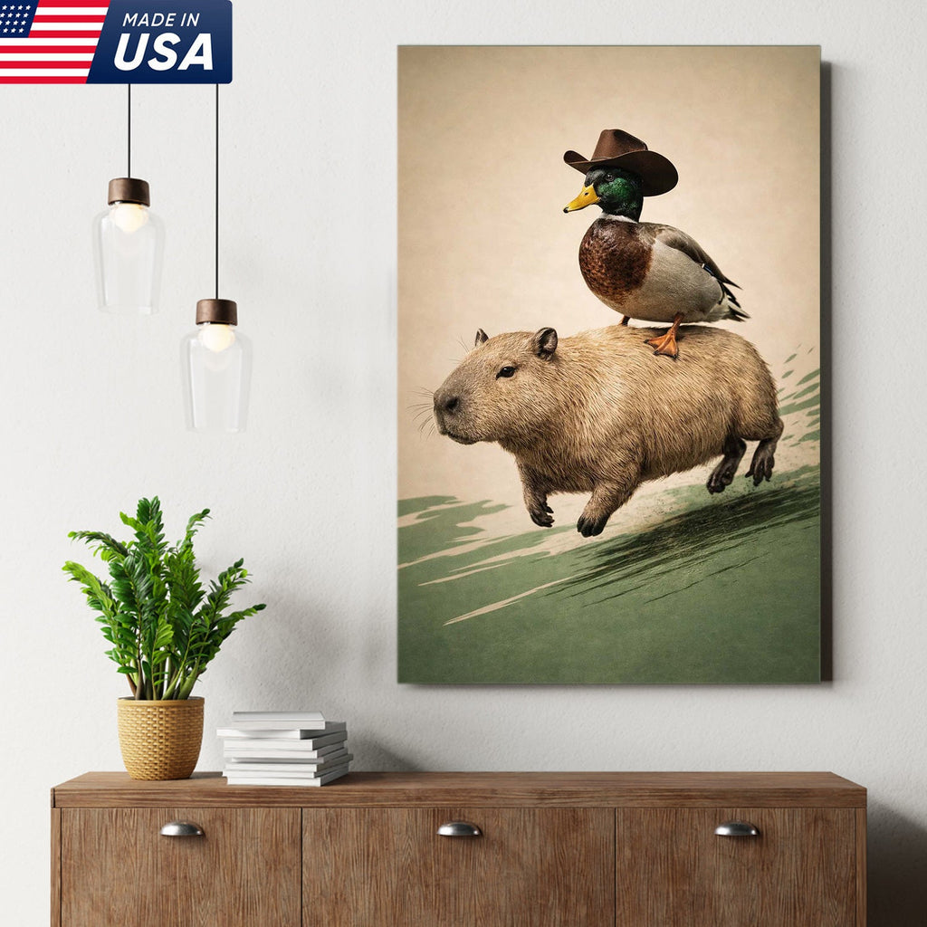 Whimsical Cowboy Duck Riding Capybara Canvas Wall Art, Surreal Animal Adventure Painting